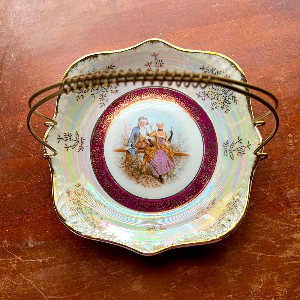 Vintage Luster ware candy tray/ basket. Made in Japan. 7” Romeo and Juliet